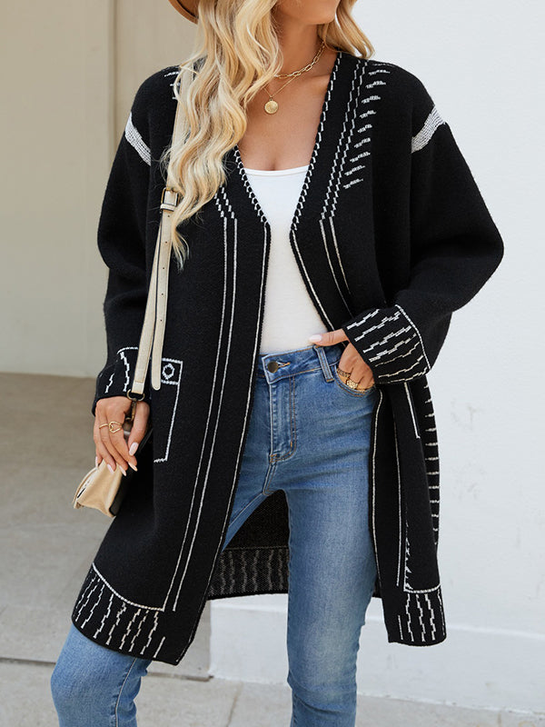 Jacquard Split-Joint Long Sleeves Loose V-Neck Cardigan Tops