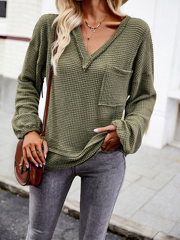Elasticity Pockets Solid Color Split-Joint Long Sleeves Loose V-Neck T-Shirts Tops