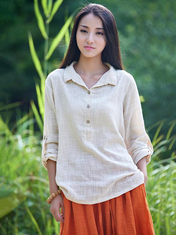 White&Gray&Beige Lapel Ramie Cotton T-shirt