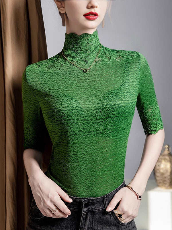 Slightly Sheer Split-Joint Textured False Two Half Sleeves High Neck T-Shirts Tops