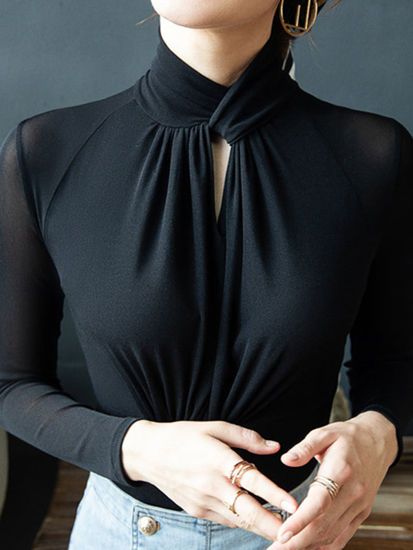 Hollow Pleated Solid Color Long Sleeves Plus Size Mock Neck T-Shirts Tops