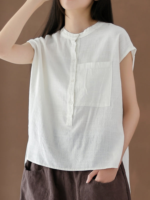 Solid Color Cap Sleeve High-Low Stand Collar Blouses&Shirts Tops
