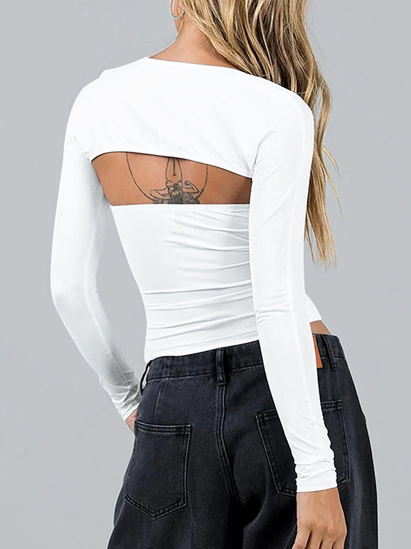 Solid Color Long Sleeves Skinny Collarless T-Shirts Tops