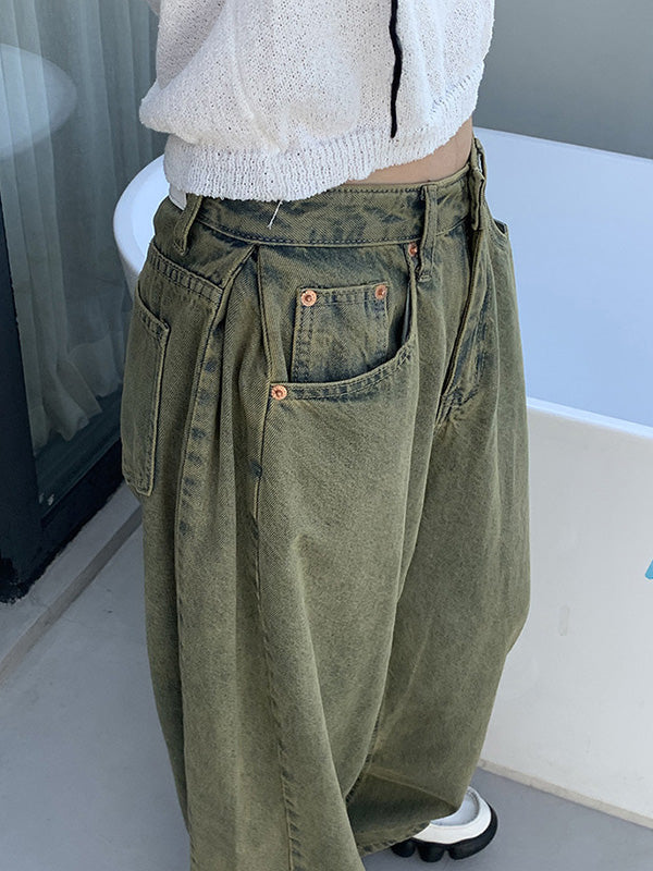Pleated Split-Joint High Waisted Loose Jean Pants Bottoms