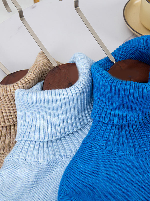 Solid Color Split-Joint High-Low Long Sleeves High Neck Sweater Tops