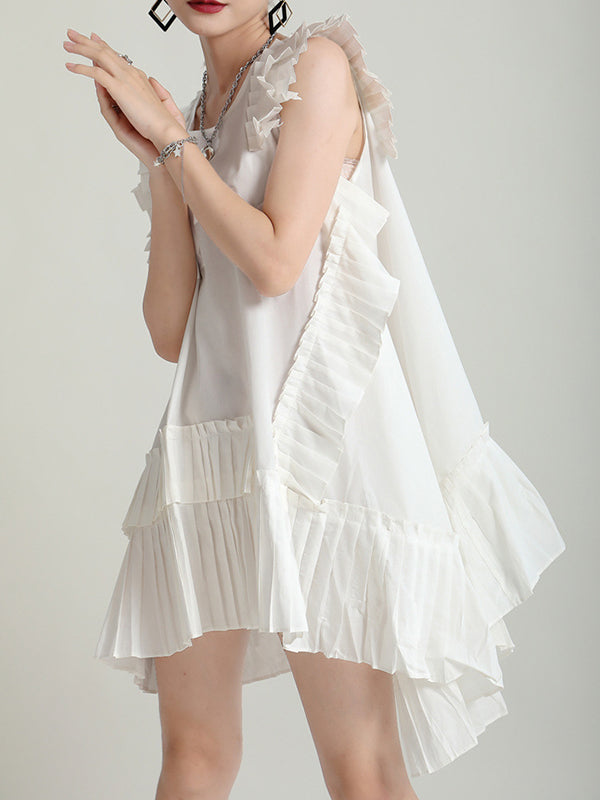 Asymmetric Pleated Solid Color Split-Joint Flying Sleeves Loose Round-Neck Midi Dresses