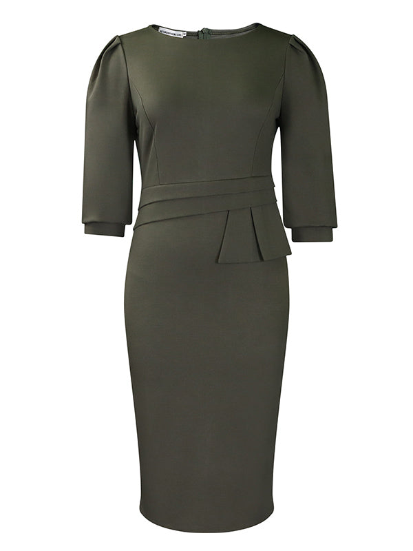 Pleated Solid Color Split-Back Split-Joint Zipper Bodycon Half Sleeves Round-Neck Midi Dresses