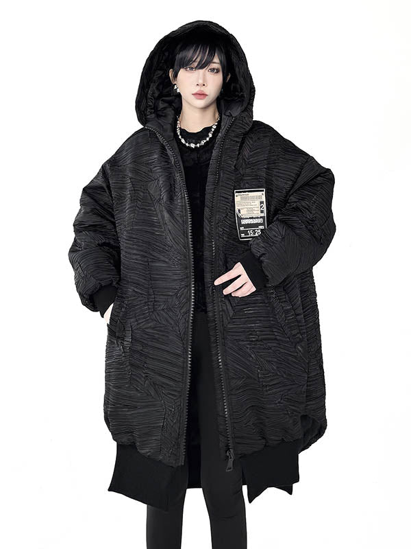 Abstract Printed Contrast Color Split-Joint Zipper High-Low Irregularity Hooded Overcoat Outerwear