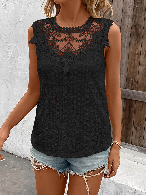 Hollow Jacquard Solid Color Split-Joint Loose Sleeveless Round-Neck Vest Top