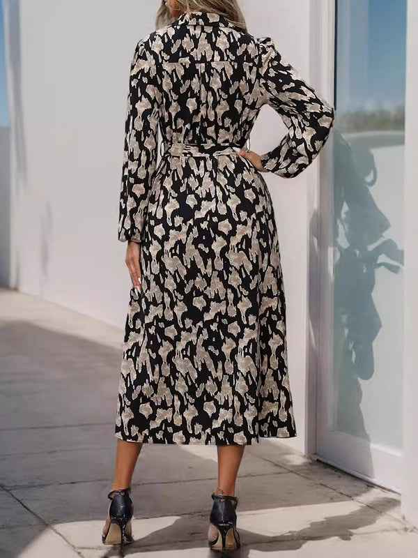 Printed Split-Joint Tied Waist Long Sleeves Loose Lapel Shirt Dress Midi Dresses