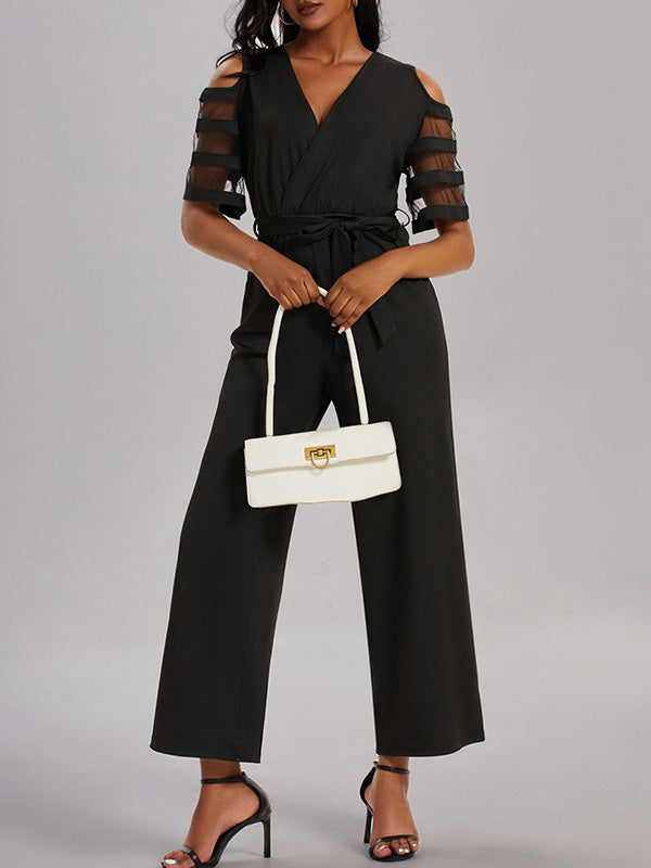 Hollow Mesh Solid Color Tied Waist High Waisted Loose V-Neck Jumpsuits