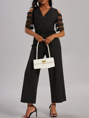 Hollow Mesh Solid Color Tied Waist High Waisted Loose V-Neck Jumpsuits