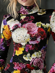 Long Sleeves Skinny Contrast Color Flower Print High Neck T-Shirts Tops