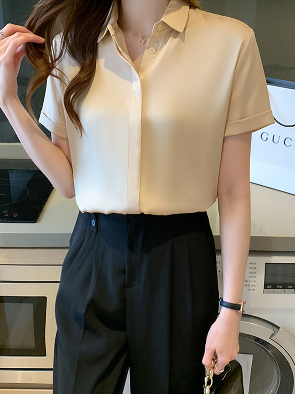 Buttoned Solid Color Split-Joint Loose Short Sleeves Lapel Blouses&Shirts Tops