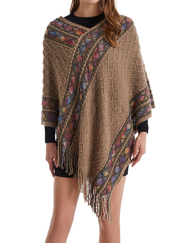 Asymmetric Tasseled Loose V-Neck Shawl&Cloak Cape