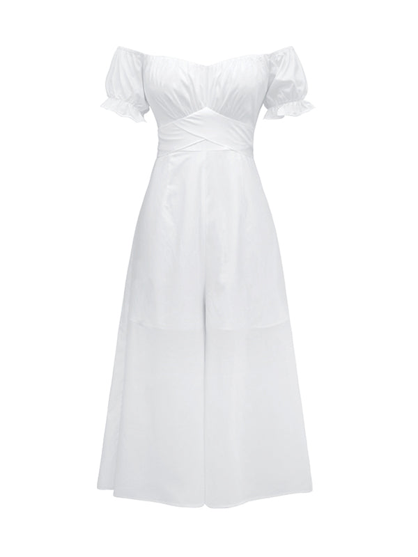 13 Colors Puff Sleeves Solid Color Cold Shoulder Wide Leg Jumpsuits