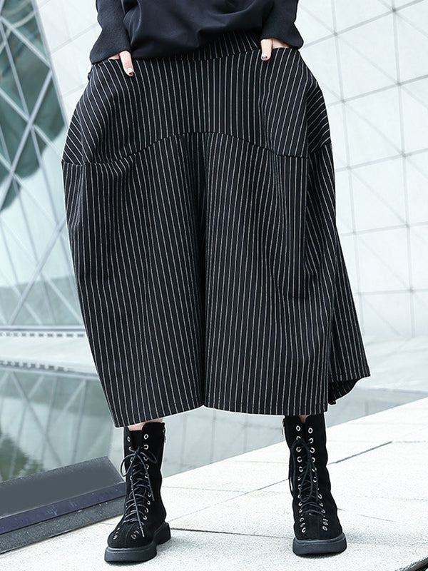 Elasticity Pockets Striped High Waisted Loose Pants Culotte