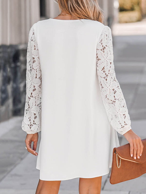 Hollow Solid Color Split-Joint Loose Puff Sleeves V-Neck Mini Dresses