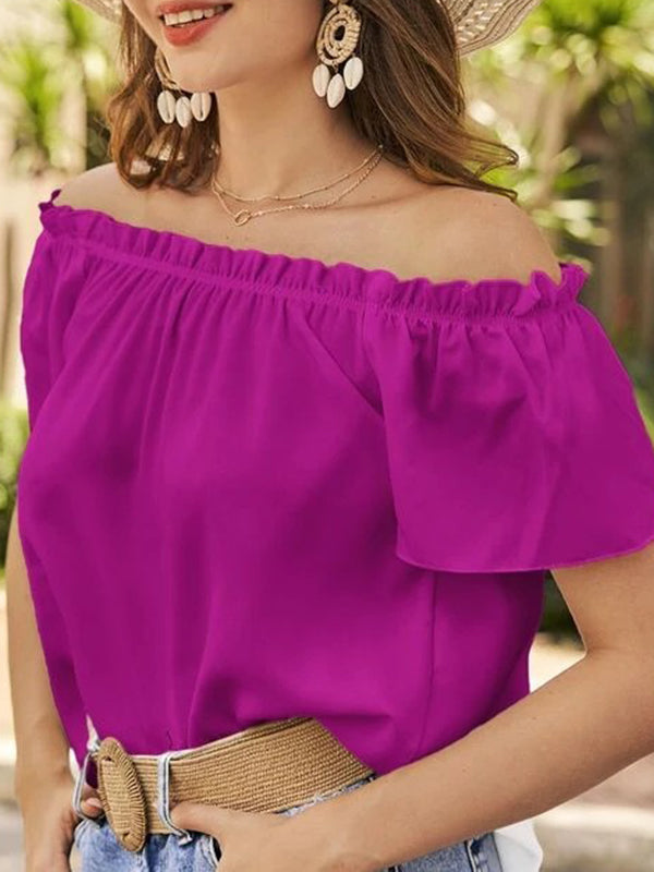 Elasticity Ruffle Trim Solid Color Loose Short Sleeves Off-The-Shoulder Blouses&Shirts Tops