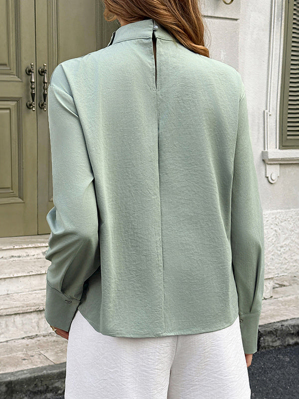 Buttoned Pleated Solid Color Long Sleeves Loose Mock Neck Blouses&shirts Tops