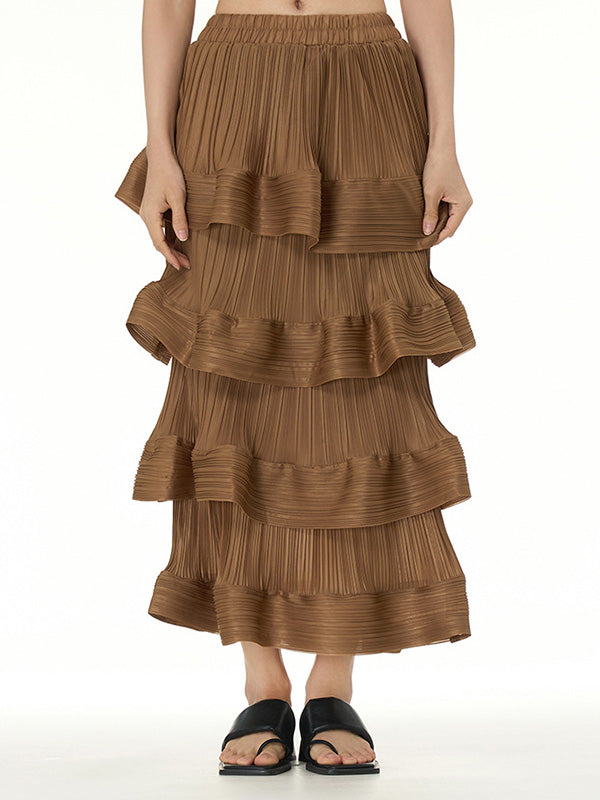 Elasticity Layered Pleated Ruffled Solid Color Loose Skirts Bottoms