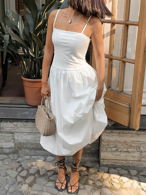 Pleated Solid Color Split-Joint Loose Sleeveless Spaghetti-Neck Midi Dresses