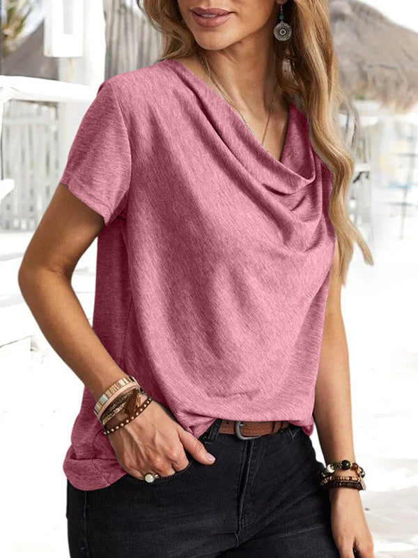Solid Color Loose Short Sleeves U-Neck T-Shirts Tops