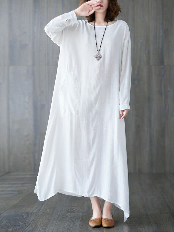 Casual Long Sleeves Loose Solid Color Round-Neck Maxi Dresses