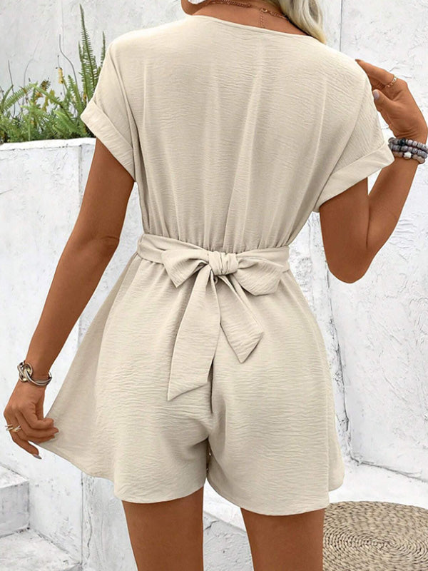 Pleated Solid Color Split-Joint Loose Raglan Sleeve V-neck Rompers