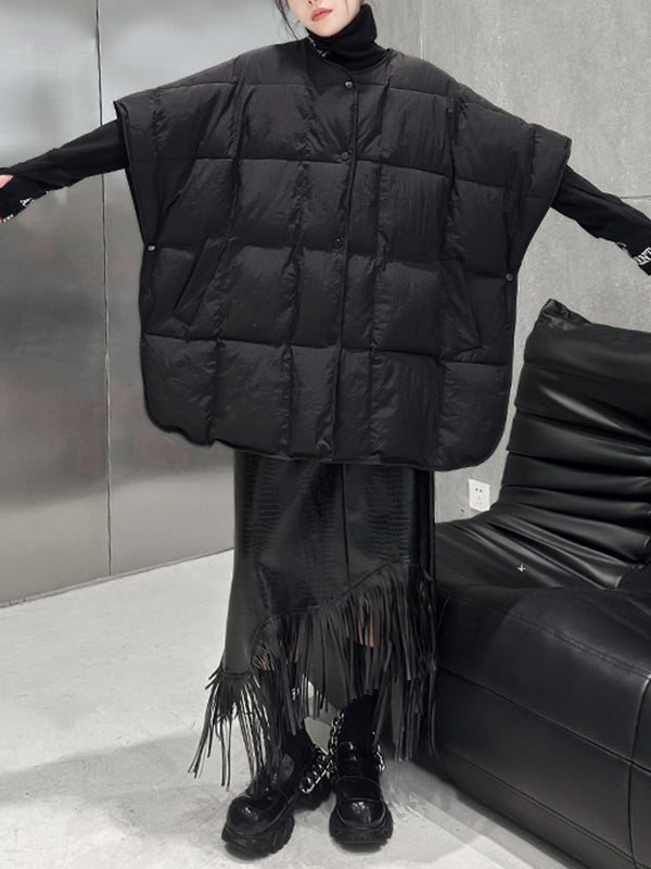Buttoned Solid Color Batwing Sleeves Half Sleeves Round-Neck Padded Vest