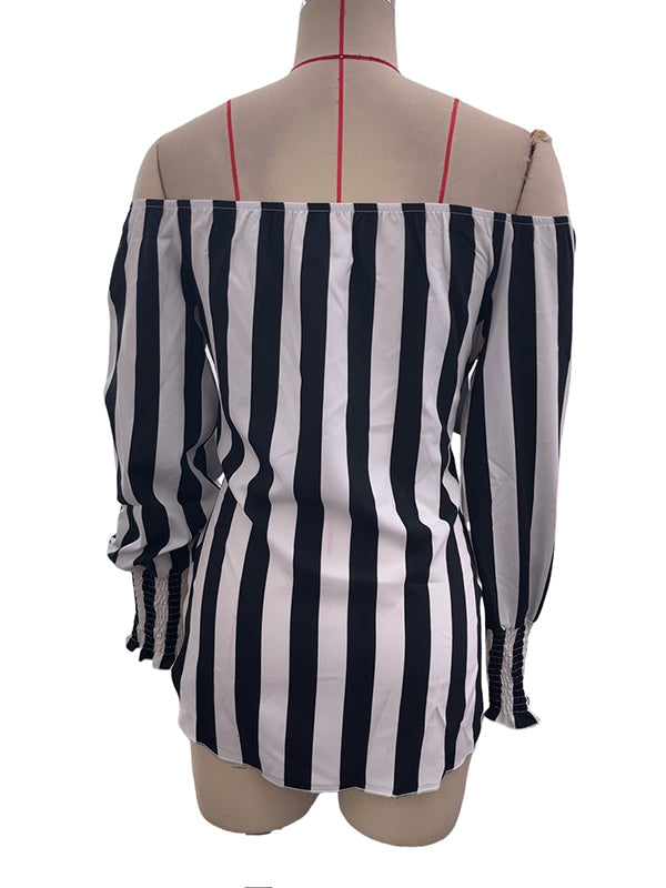 Contrast Color Elasticity Split-Joint Striped Tied Waist Long Sleeves Loose Off-The-Shoulder Blouses&Shirts Tops