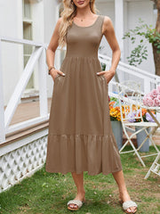 Pleated Pockets Solid Color Split-Joint A-Line Loose Round-Neck Midi Dresses