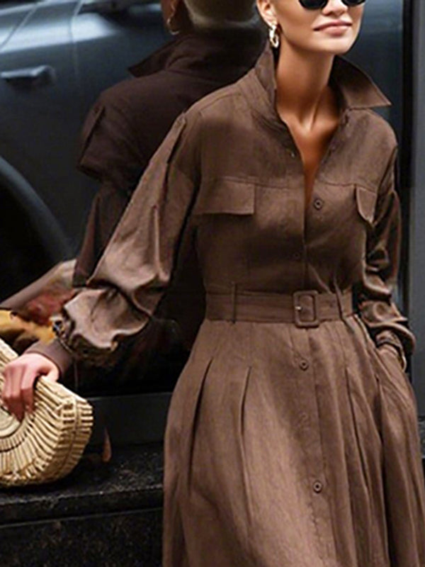 Loose Puff Sleeves Pleated Solid Color Split-Joint Lapel Maxi Dresses Shirt Dress