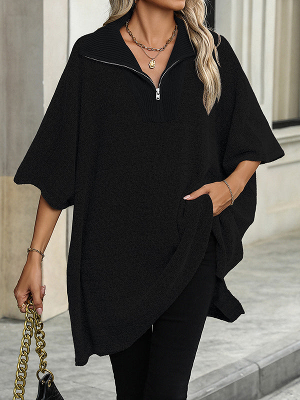 Split-Joint Zipper Loose Three-Quarter Sleeves V-Neck Sweater Tops