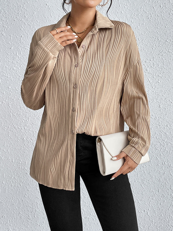 Buttoned Solid Color Long Sleeves Loose Lapel Blouses&Shirts Tops
