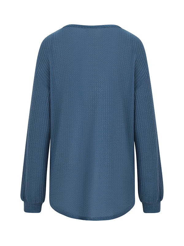 Pockets Solid Color Long Sleeves Loose V-Neck T-Shirts Tops