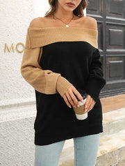 Contrast Color Hollow Split-Joint Loose Puff Sleeves Off-The-Shoulder Sweater
