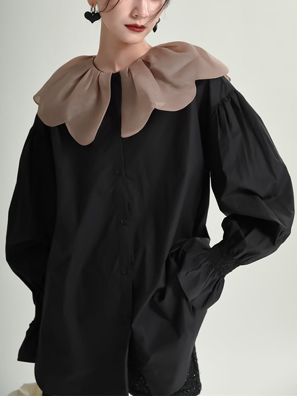 Contrast Color Elasticity Pleated Split-Joint Long Sleeves Loose Peter Pan Collar Blouses