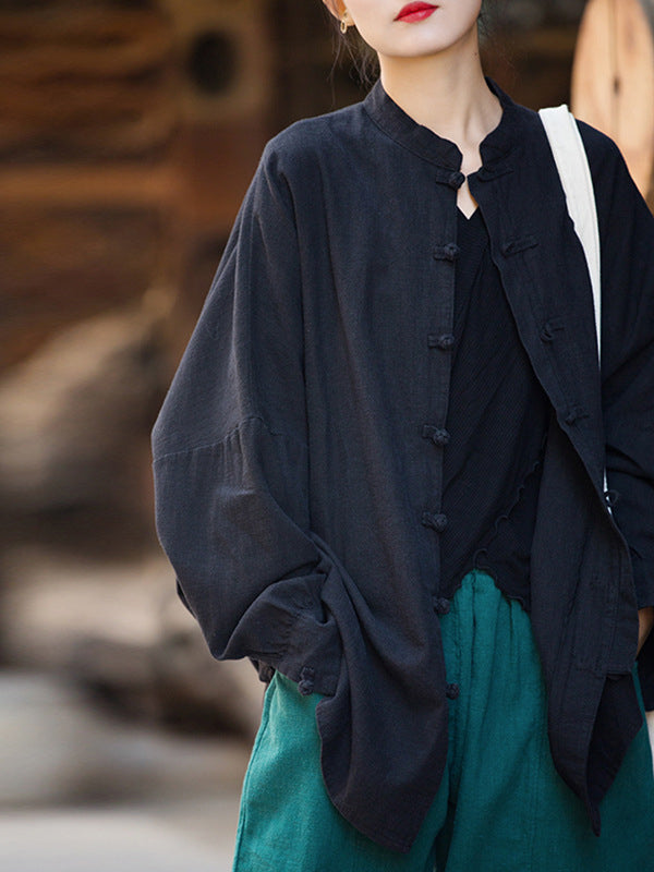 Chinese Frog Buttons Pleated Solid Color Split-Joint Batwing Sleeves Loose Stand Collar Blouses