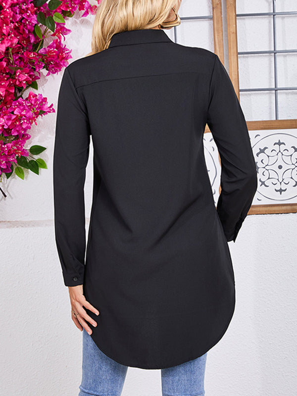 See-Through Solid Color Split-Joint Long Sleeves Loose Lapel Blouses
