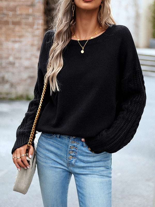 Solid Color Long Sleeves Loose Round-Neck Sweater Pullovers