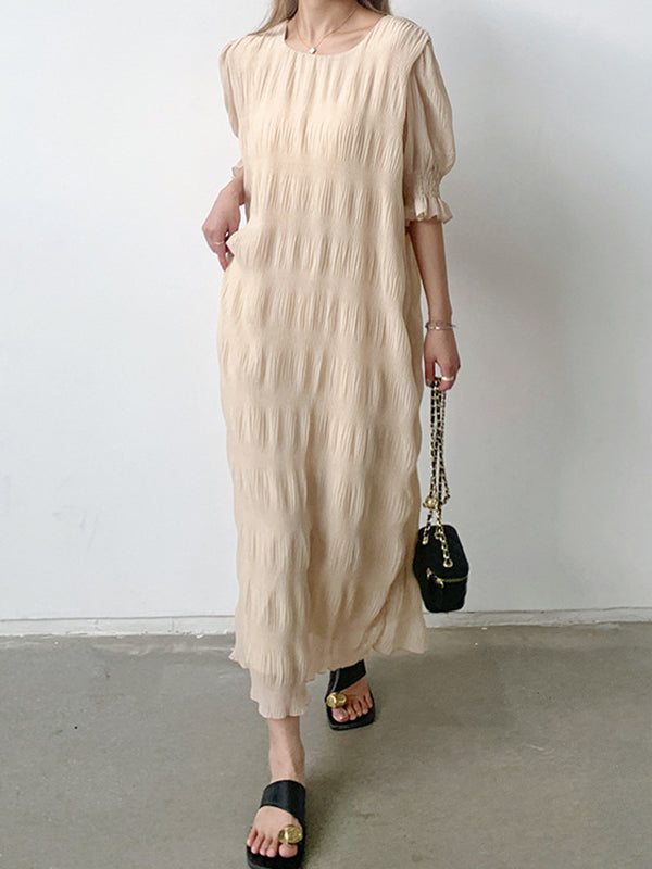 Pleated Solid Color Flared Sleeves Half Sleeves Round-Neck Midi Dresses