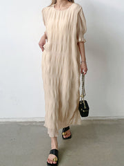 Pleated Solid Color Flared Sleeves Half Sleeves Round-Neck Midi Dresses