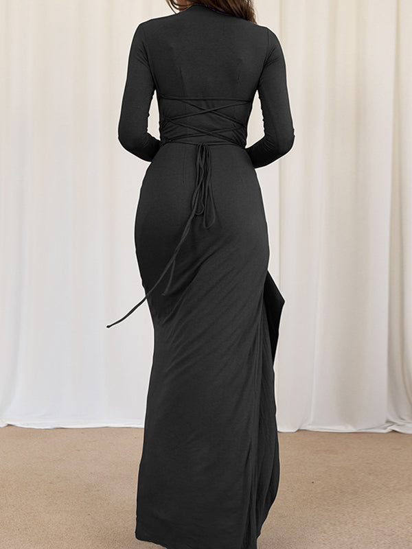 Asymmetric Pleated Ruffled Solid Color Split-Joint Bodycon High Waisted Round-Neck Maxi Dresses