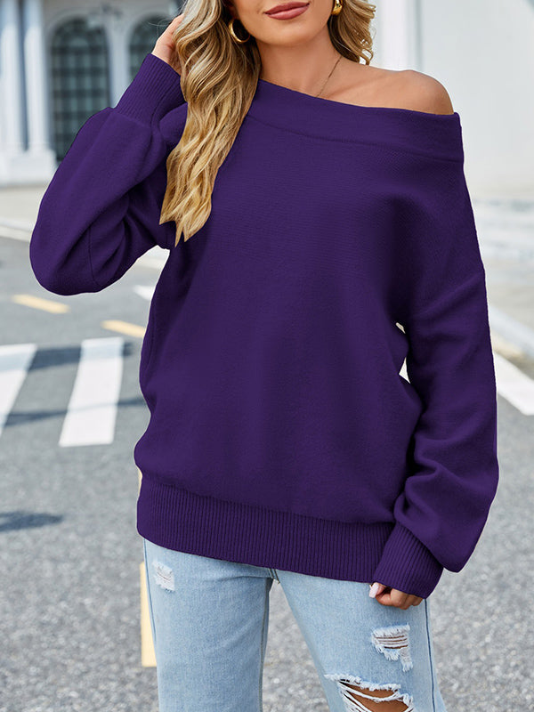 Solid Color Velvet Long Sleeves Loose Off-The-Shoulder Sweater Tops Pullovers