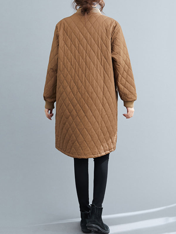 Pockets Quilted Solid Color Zipper Long Sleeves Loose Stand Collar Padded Coat