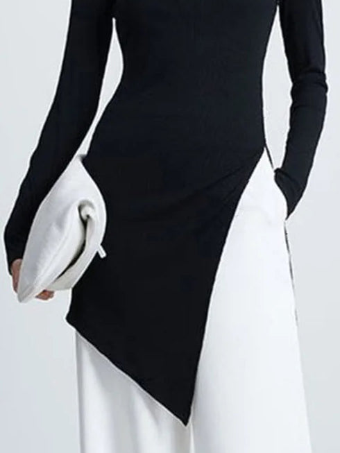 Long Sleeves Skinny Asymmetric Solid Color High Neck T-Shirts Tops
