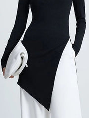 Long Sleeves Skinny Asymmetric Solid Color High Neck T-Shirts Tops