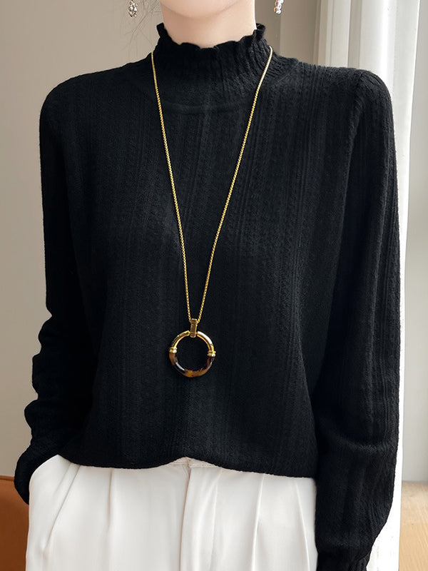 Elasticity Ruffle Trim Solid Color Long Sleeves Loose Mock Neck T-Shirts Tops
