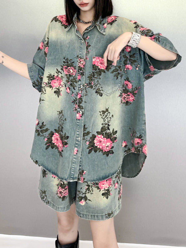 Floral Printed Split-Joint High-Low Loose Lapel Blouses&Shirts Tops